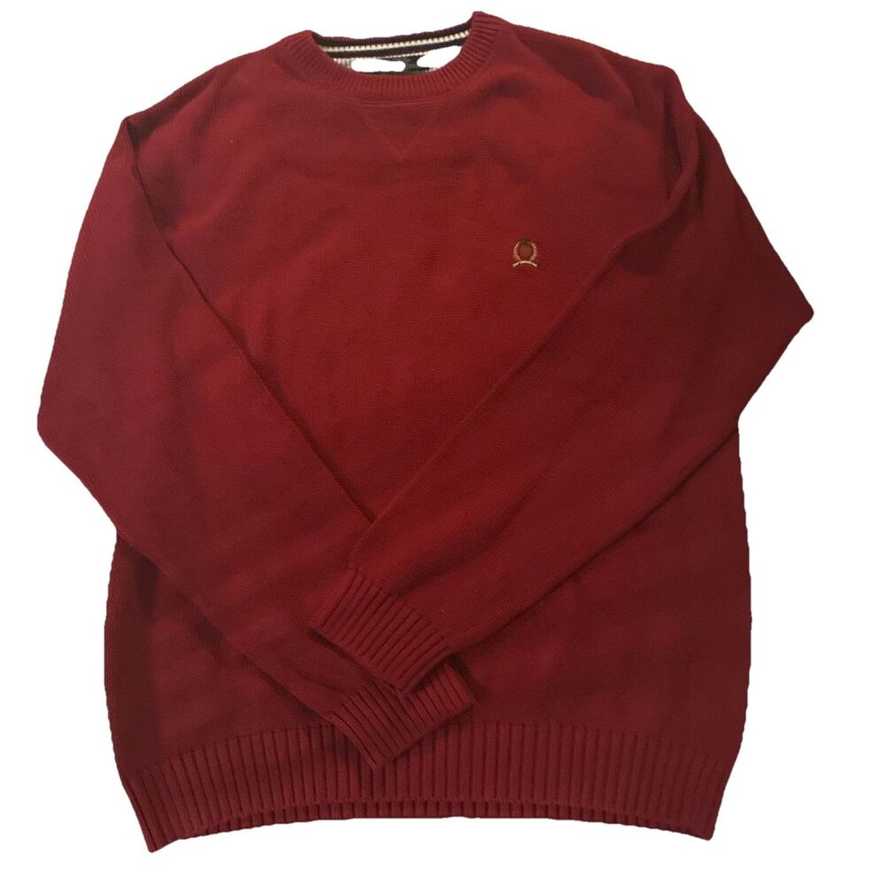 Tommy Hilfiger Men's Knit Logo Pullover Sweater Red Crew Neck Size L